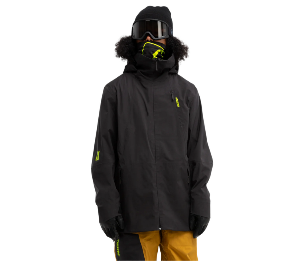 Forum snowboard 3 layer all-mountain jacket model front in black.