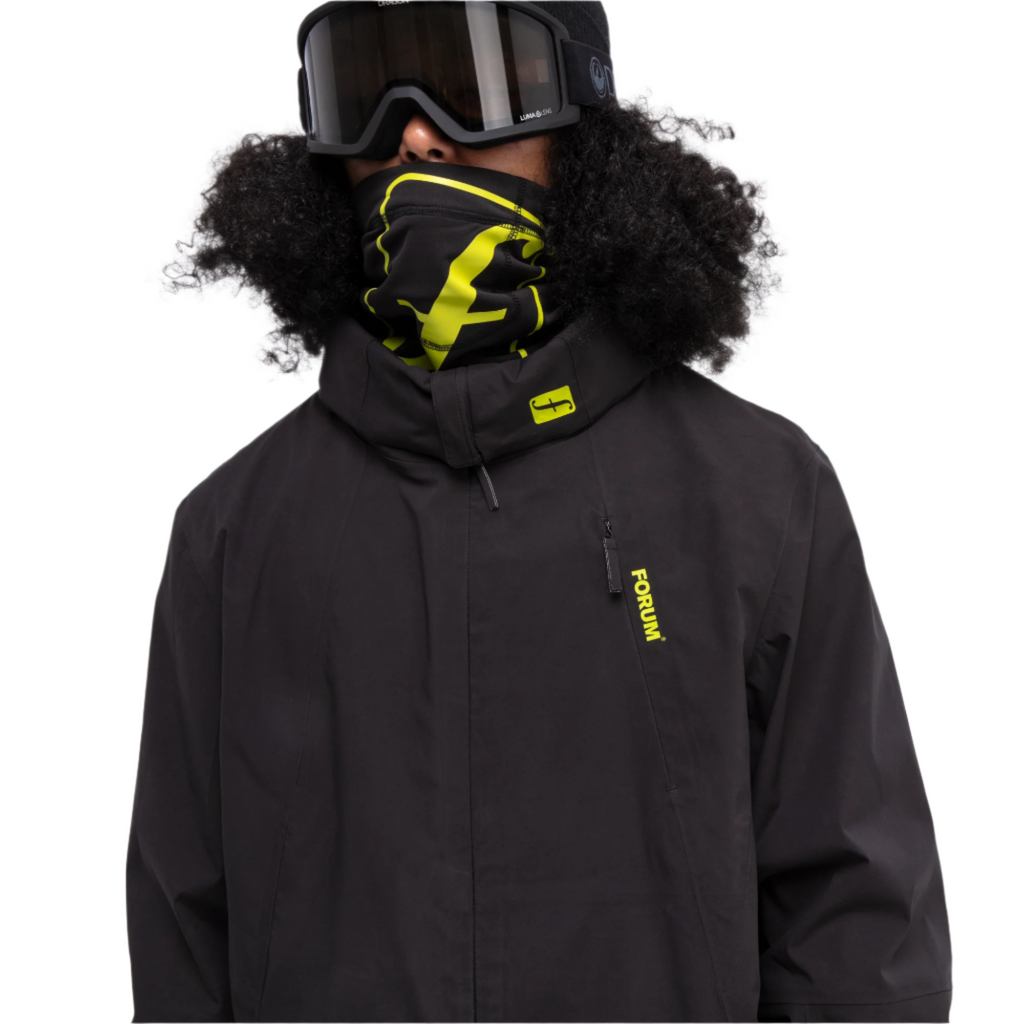 Forum snowboard 3 layer all-mountain jacket close model front in black.