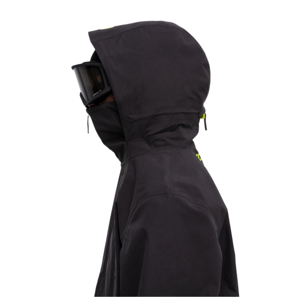 Forum snowboard 3 layer all-mountain jacket left side hood in black.