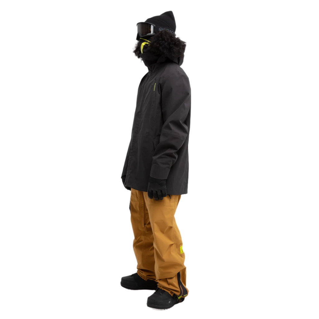 Forum snowboard 3 layer all-mountain jacket model left front in black.