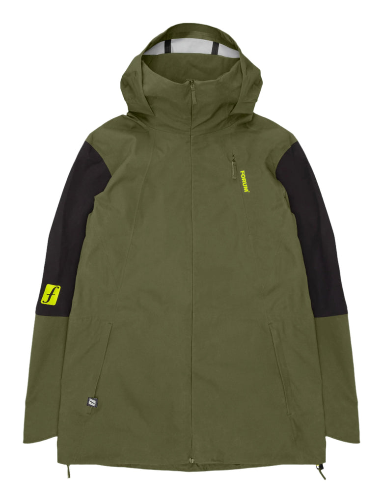 Forum snowboard 3 layer all-mountain jacket front in gremlin olive green.