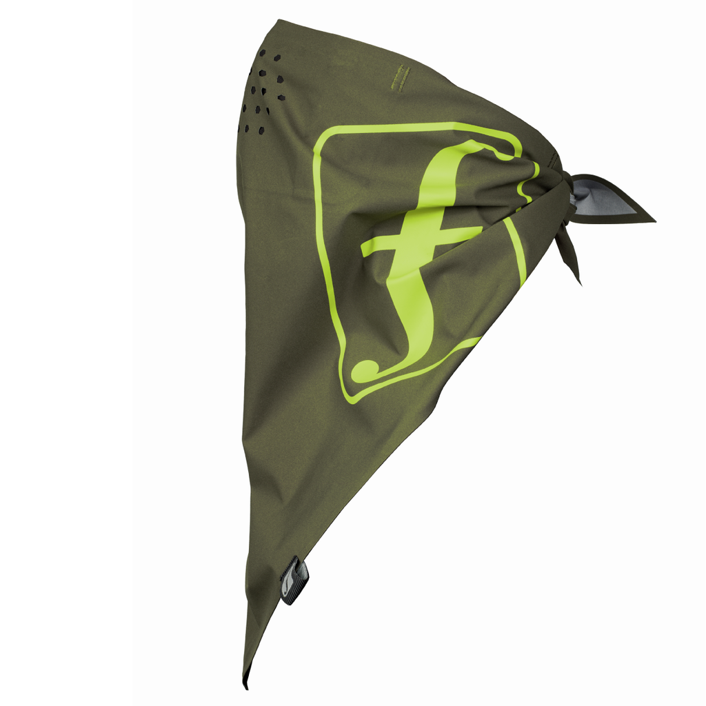 Forum snowboard 3-layer bandana logo in gremlin olive and forum green.  