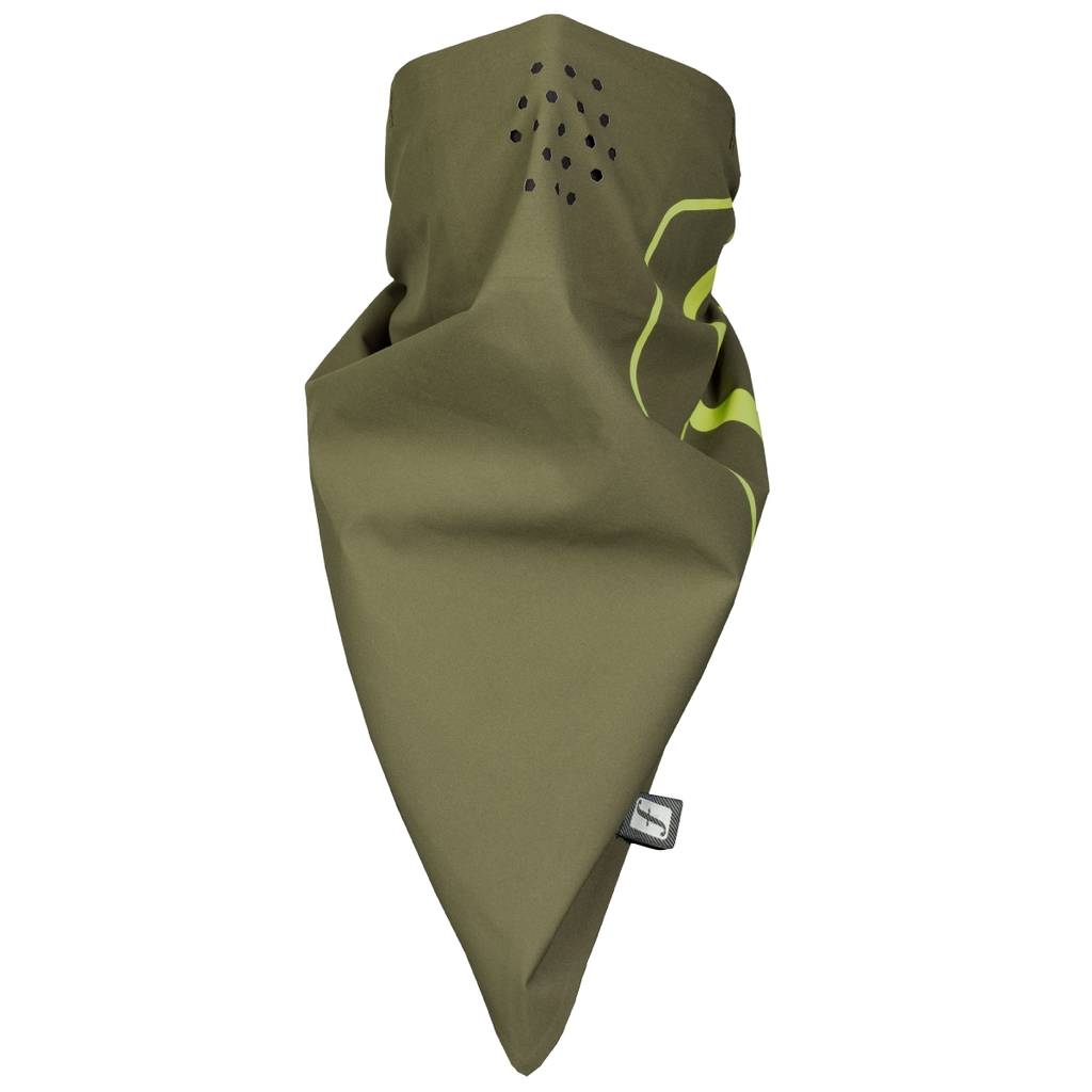 Forum snowboard 3-layer bandana front in gremlin olive and forum green.